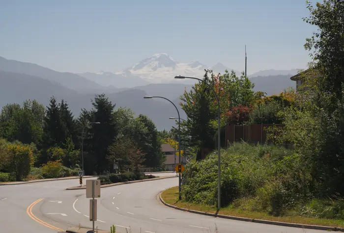 Snow-capped Mount Baker in the distance behind Whatcom Road in Abbotsford, lined with trees and shrubs