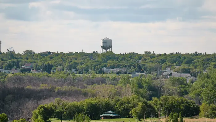 Green trees and a park, with the Brandon water tower in the distance