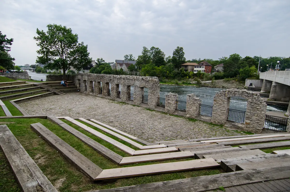 Grass terraces and old stone walls at Mill Race Park beside the Grand River in Galt, Cambridge
