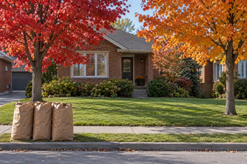 A lawn cleared of fall leaves under red and orange maples, with paper yard waste bags at the curb