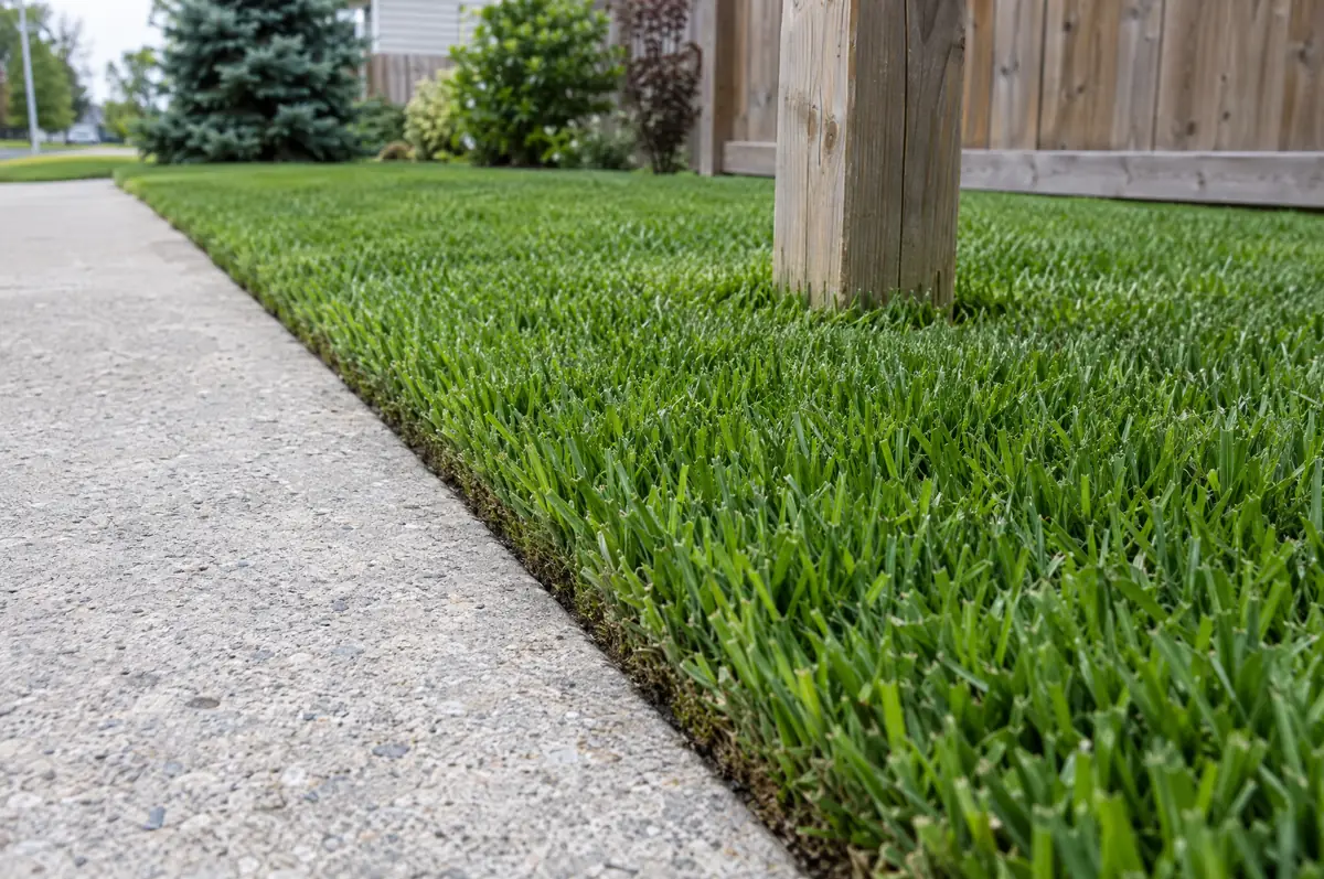 After: a crisp edge where the lawn meets the sidewalk, trimmed clean around the fence post