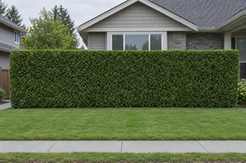 A long cedar hedge in front of a grey house, trimmed with a flat top and straight sides