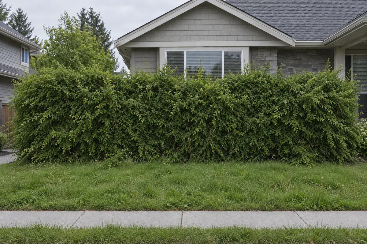 Before: an overgrown cedar hedge with a wavy top and shoots sticking out
