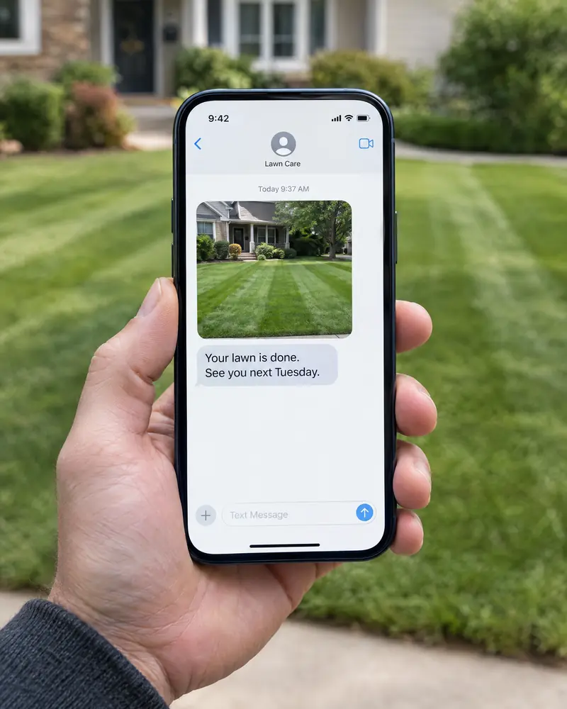 A phone showing a text with a photo of a freshly mowed lawn that says: Your lawn is done. See you next Tuesday.