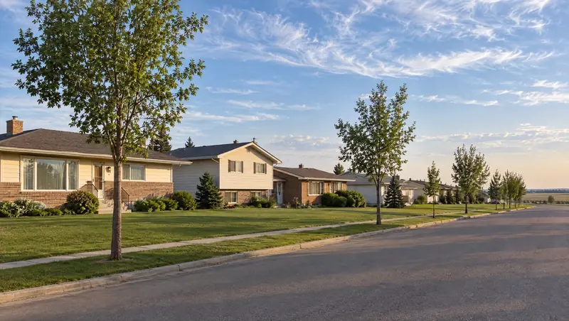 Illustration of a quiet prairie street with mowed front lawns and young trees