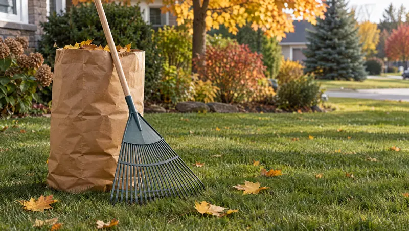 A rake and a paper yard waste bag on a lawn with fallen autumn leaves