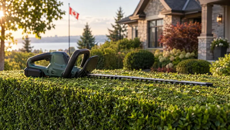 A hedge trimmer resting on a neatly clipped hedge in front of a stone house