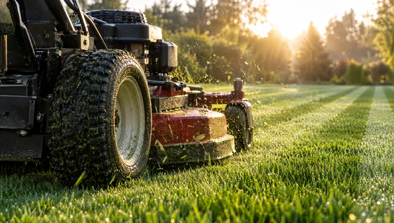 A mower on a freshly striped lawn in early morning light