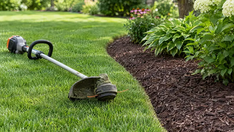 A string trimmer on a lawn next to a clean edge along a mulched bed