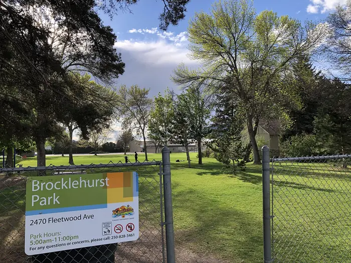 Green, mowed grass and tall trees at Brocklehurst Park, the kind of lawn people want from the best landscaper in Kamloops