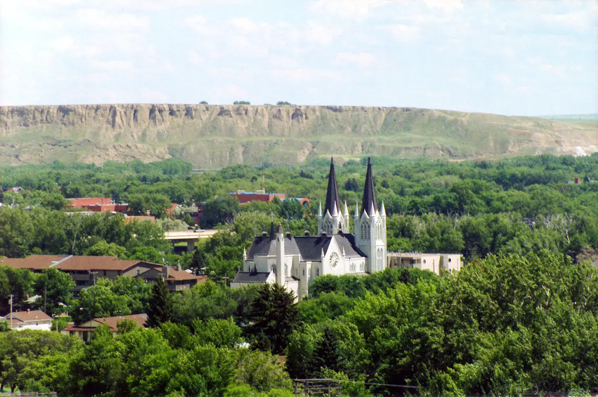 Homes under green summer trees in the Medicine Hat river valley, with the pale valley wall behind