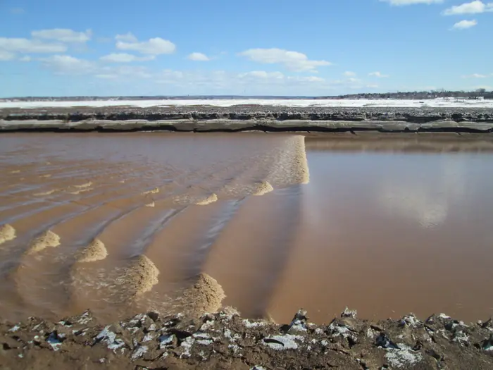The tidal bore rolling up the muddy Petitcodiac River in Moncton in early spring