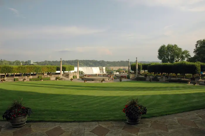 Striped lawn at the Oakes Garden Theatre, with the falls far in the background