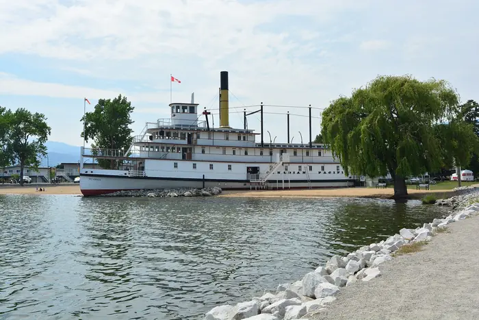 The white SS Sicamous sternwheeler on the shore of Okanagan Lake in Penticton, beside a willow tree