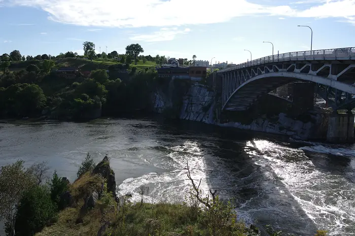 Tide water churning under the bridge at the Reversing Falls in Saint John