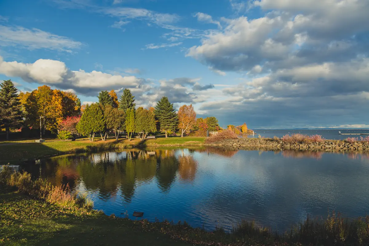 Mowed lawn and fall colours at Marina Park on the Thunder Bay waterfront